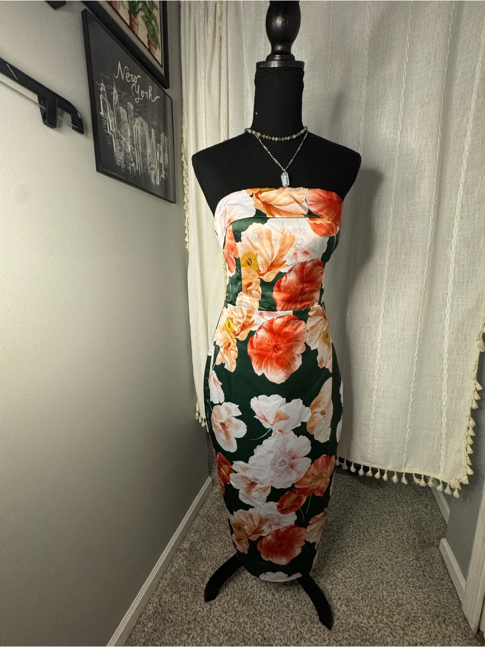 Lulu's Strapless Floral Midi Dress in Dark Green with Coral & Peach Blooms